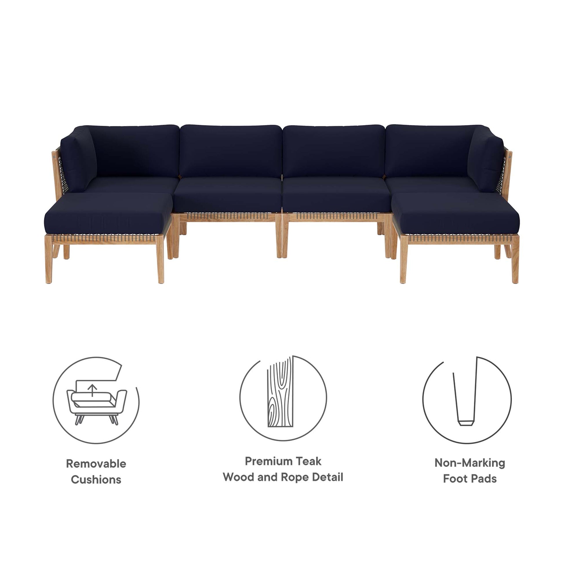 Clearwater 6-Piece Outdoor Patio Teak Wood Sectional sofá