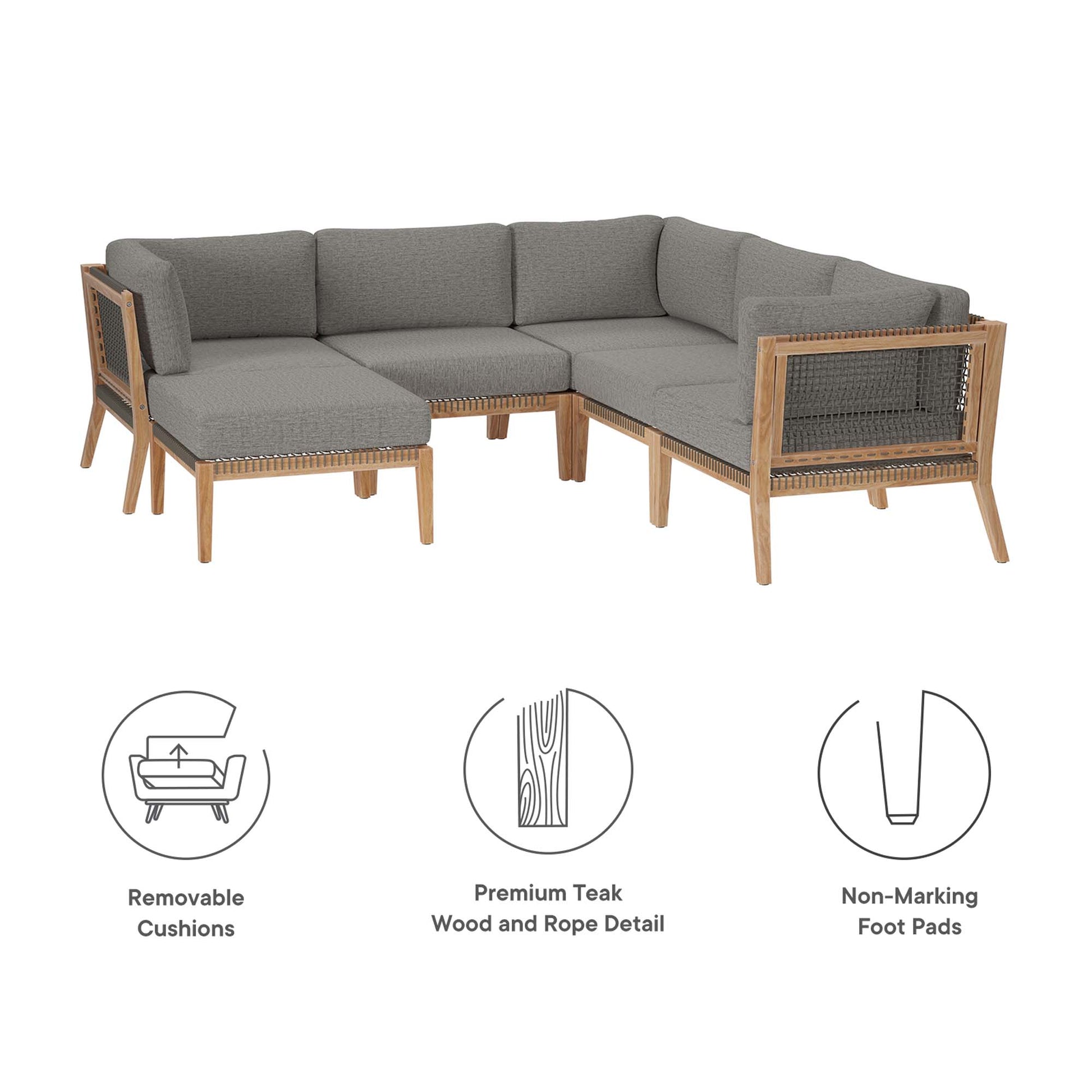Clearwater 6-Piece Outdoor Patio Teak Wood Sectional sofá