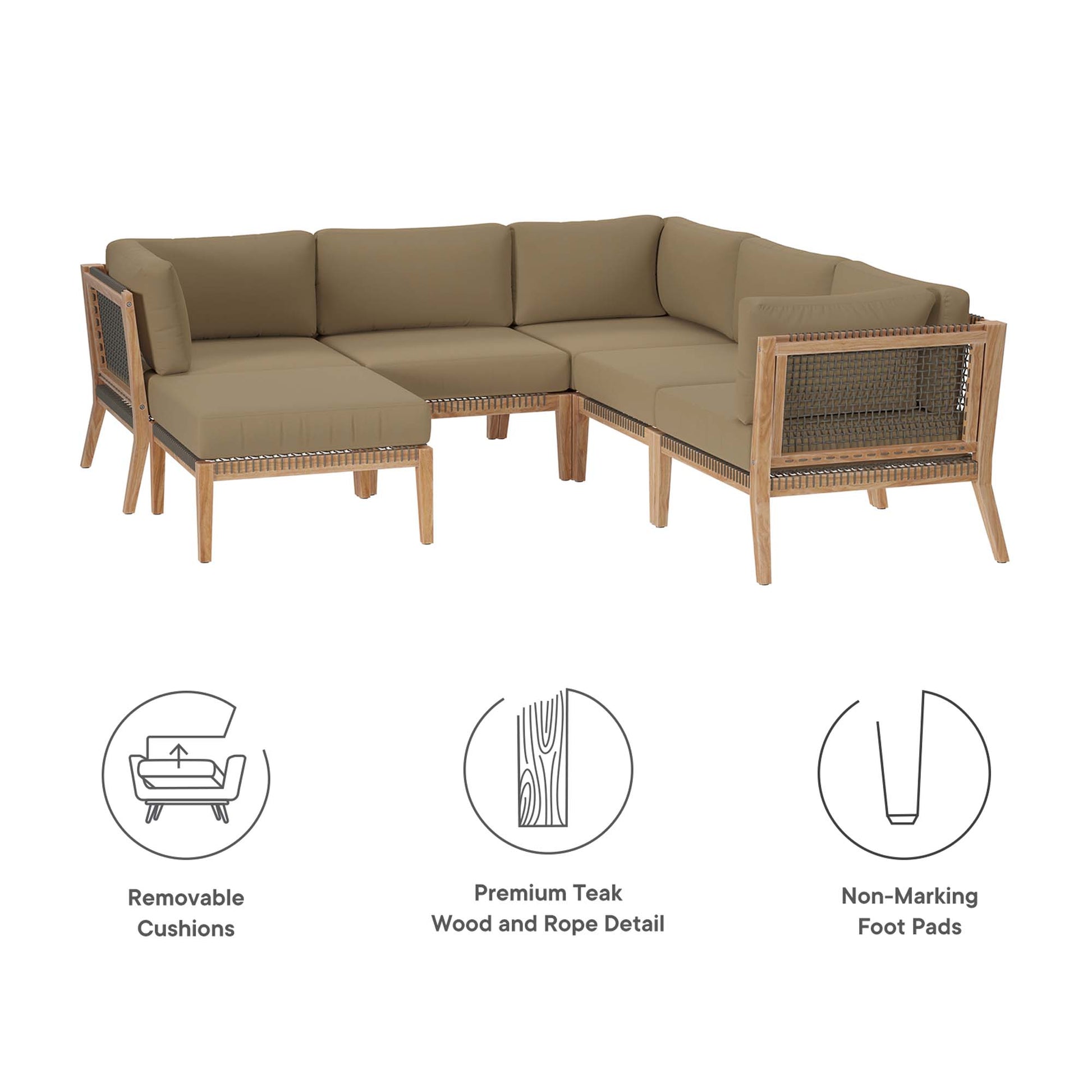 Clearwater 6-Piece Outdoor Patio Teak Wood Sectional sofá