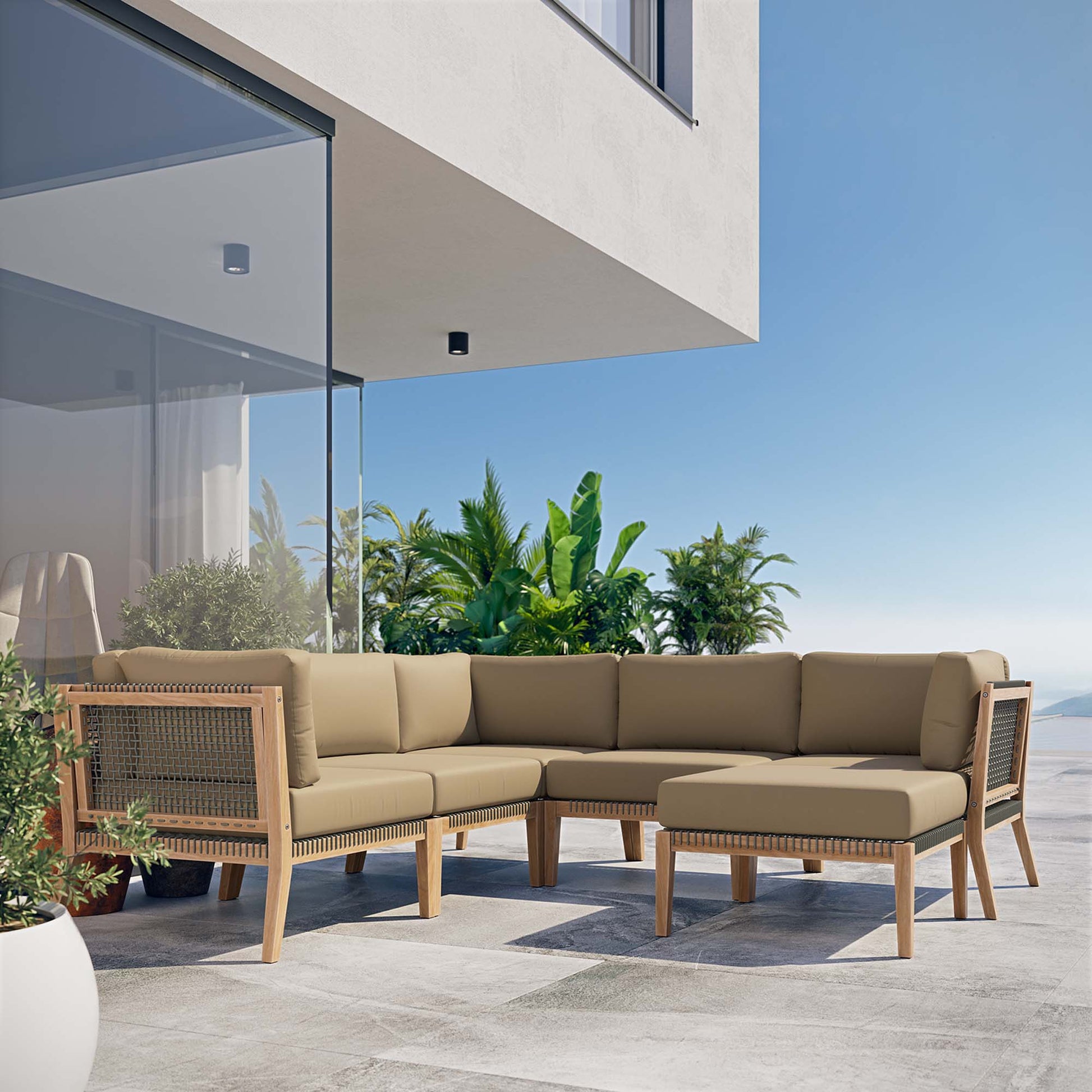 Clearwater 6-Piece Outdoor Patio Teak Wood Sectional sofá