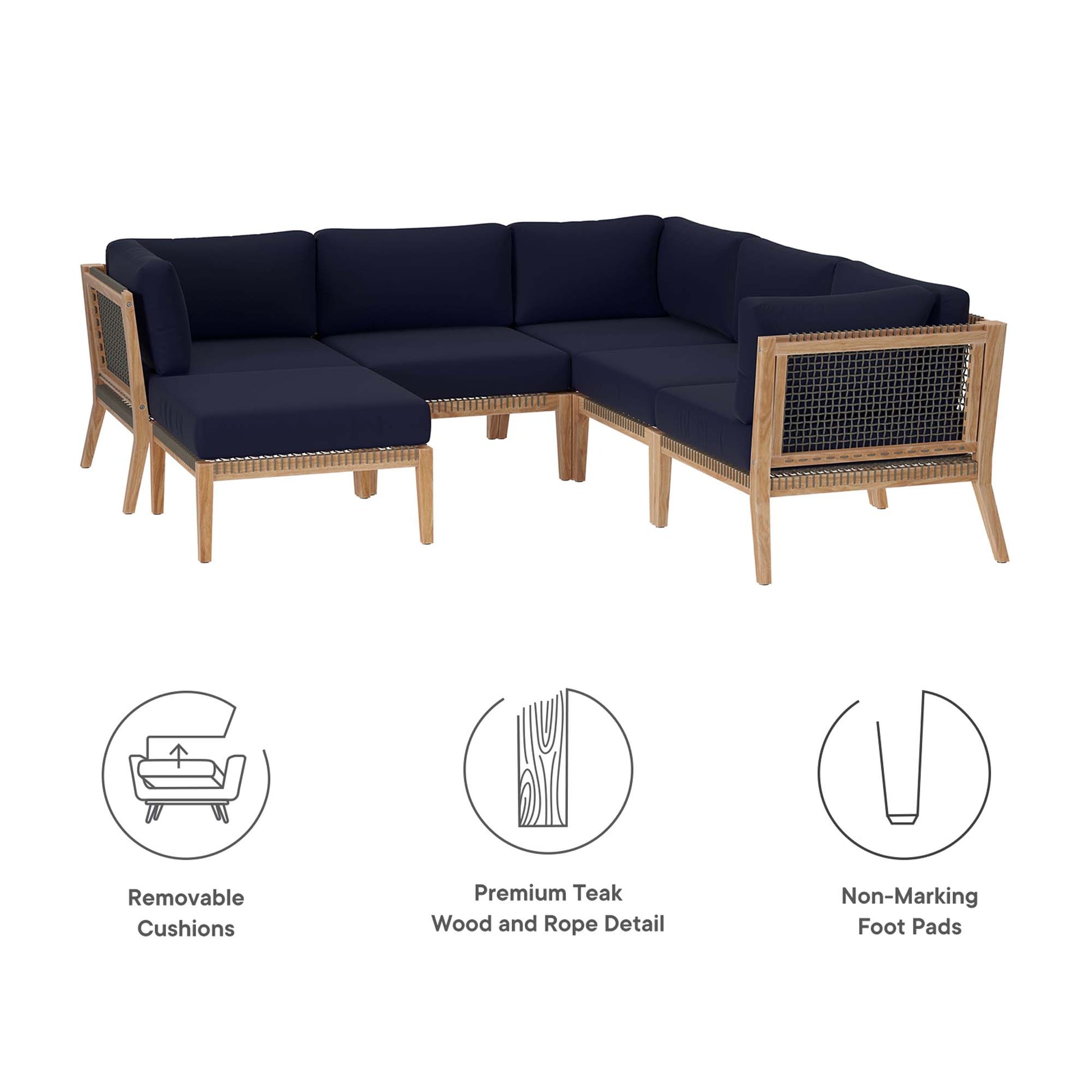 Clearwater 6-Piece Outdoor Patio Teak Wood Sectional sofá