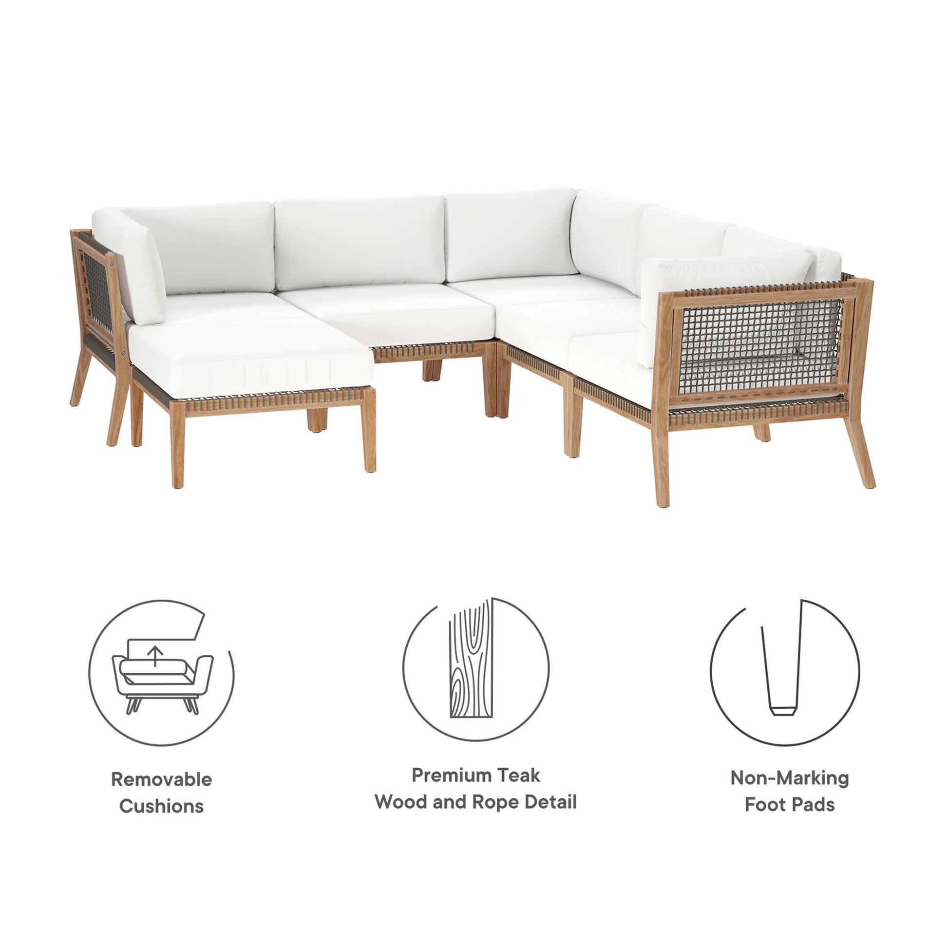 Clearwater 6-Piece Outdoor Patio Teak Wood Sectional sofá