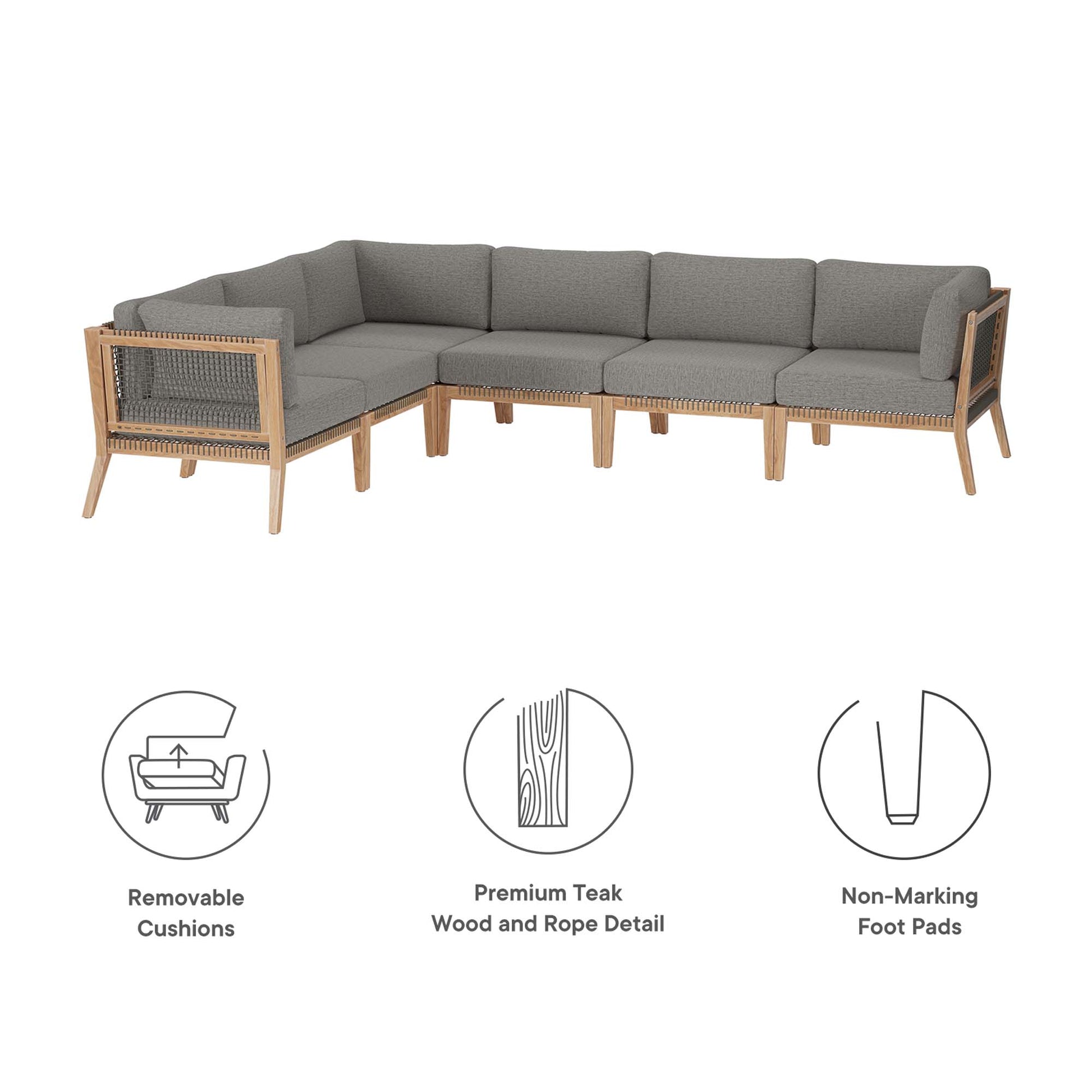 Clearwater 6-Piece Outdoor Patio Teak Wood Sectional sofá