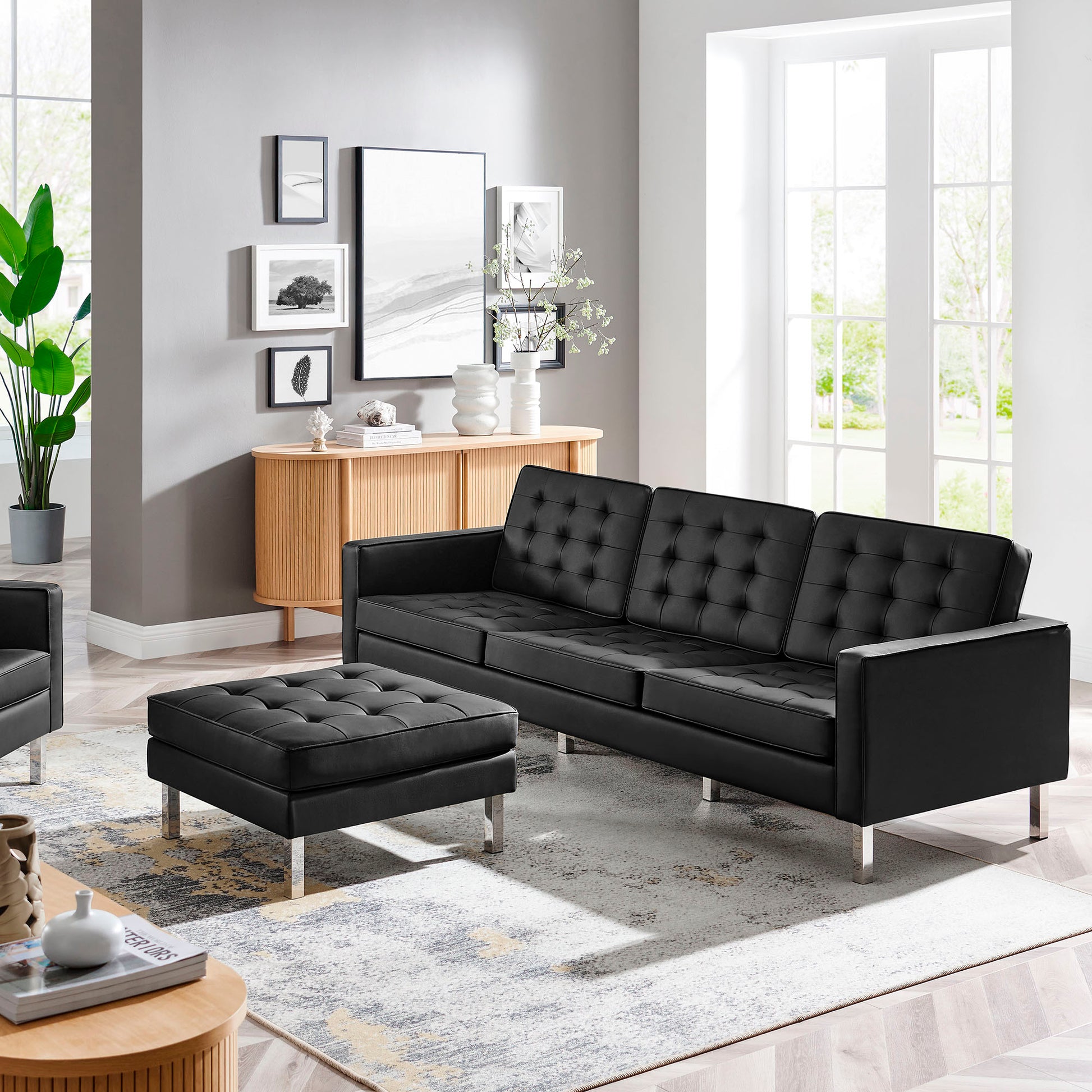 Loft Tufted Vegan Leather sofá and Ottoman Set