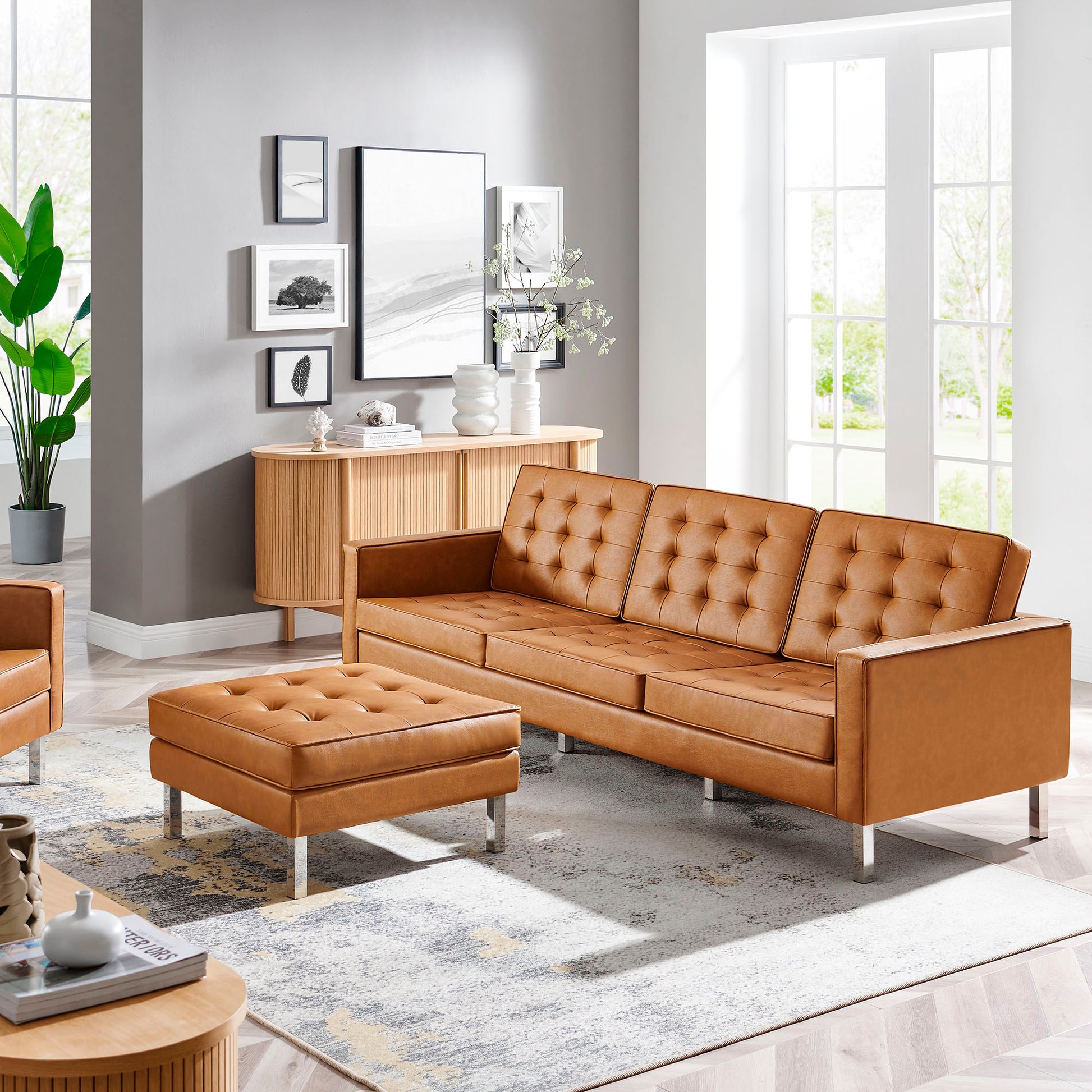 Loft Tufted Vegan Leather sofá and Ottoman Set