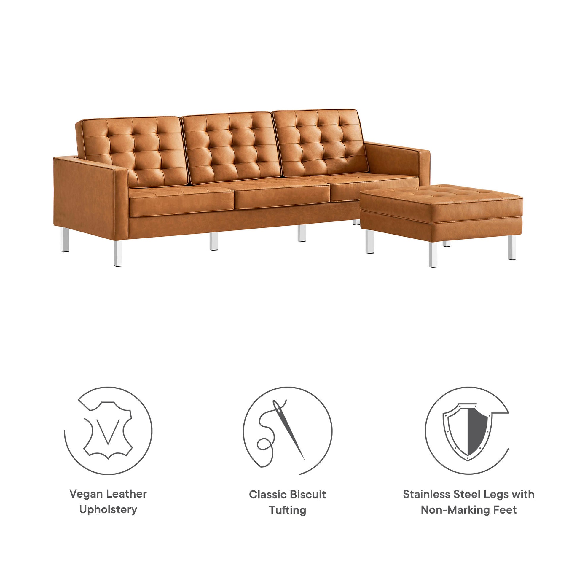 Loft Tufted Vegan Leather sofá and Ottoman Set