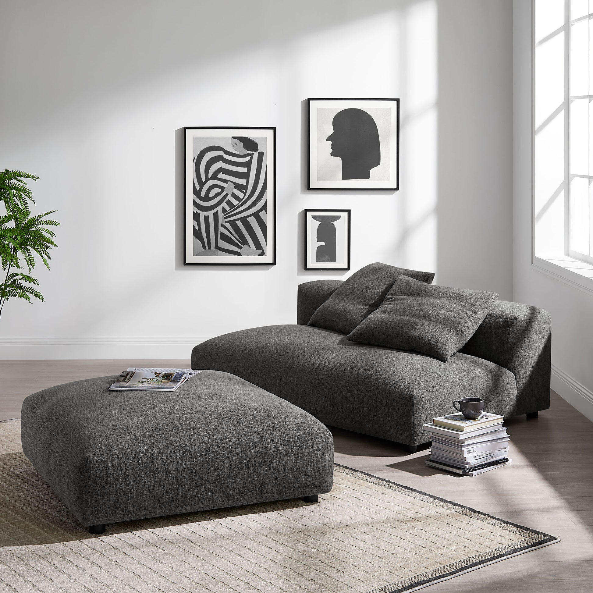 Solace Modular Upholstered Fabric Armless loveseat and Ottoman Set