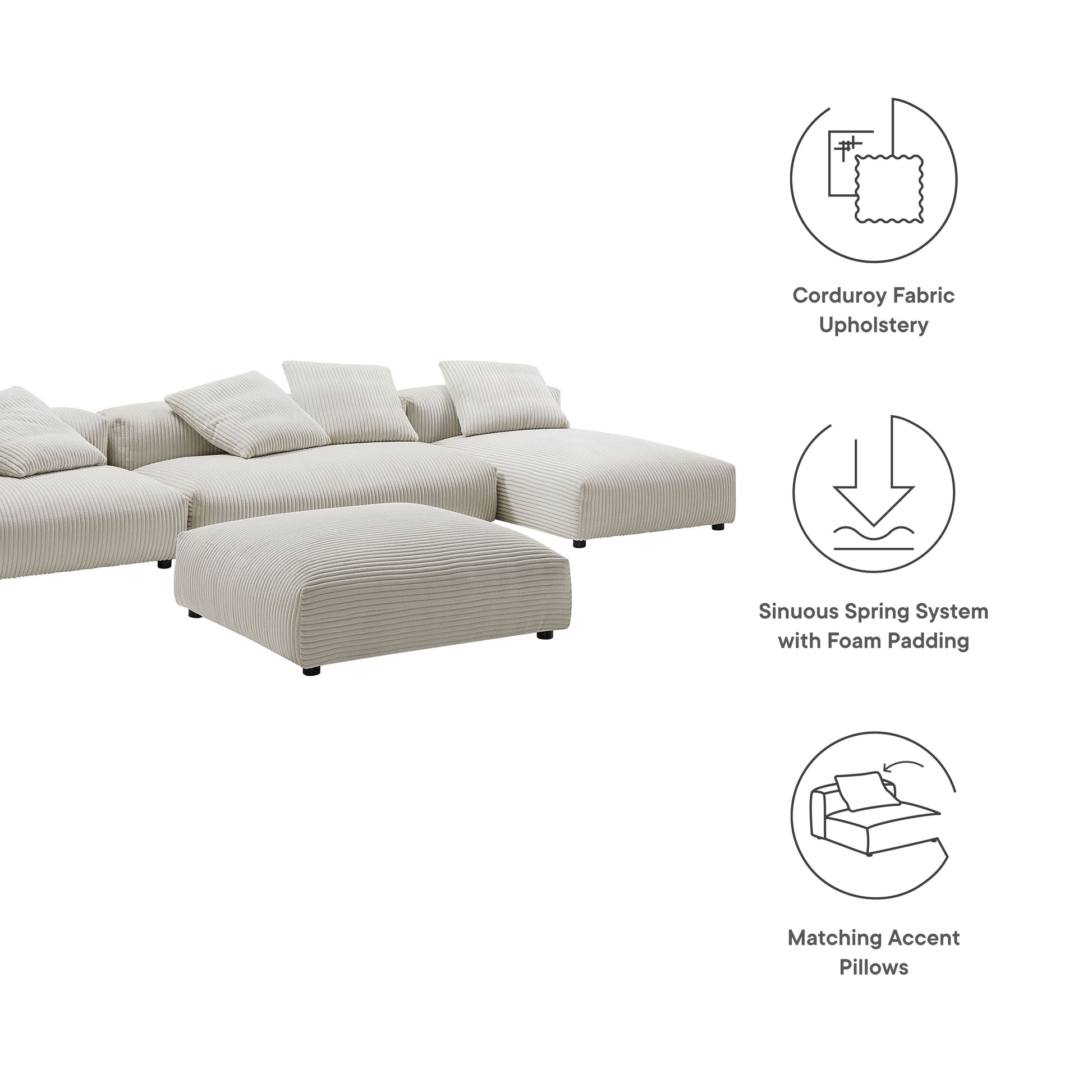 Solace 4-Piece Modular Corduroy Upholstered Sectional sofá With Ottoman