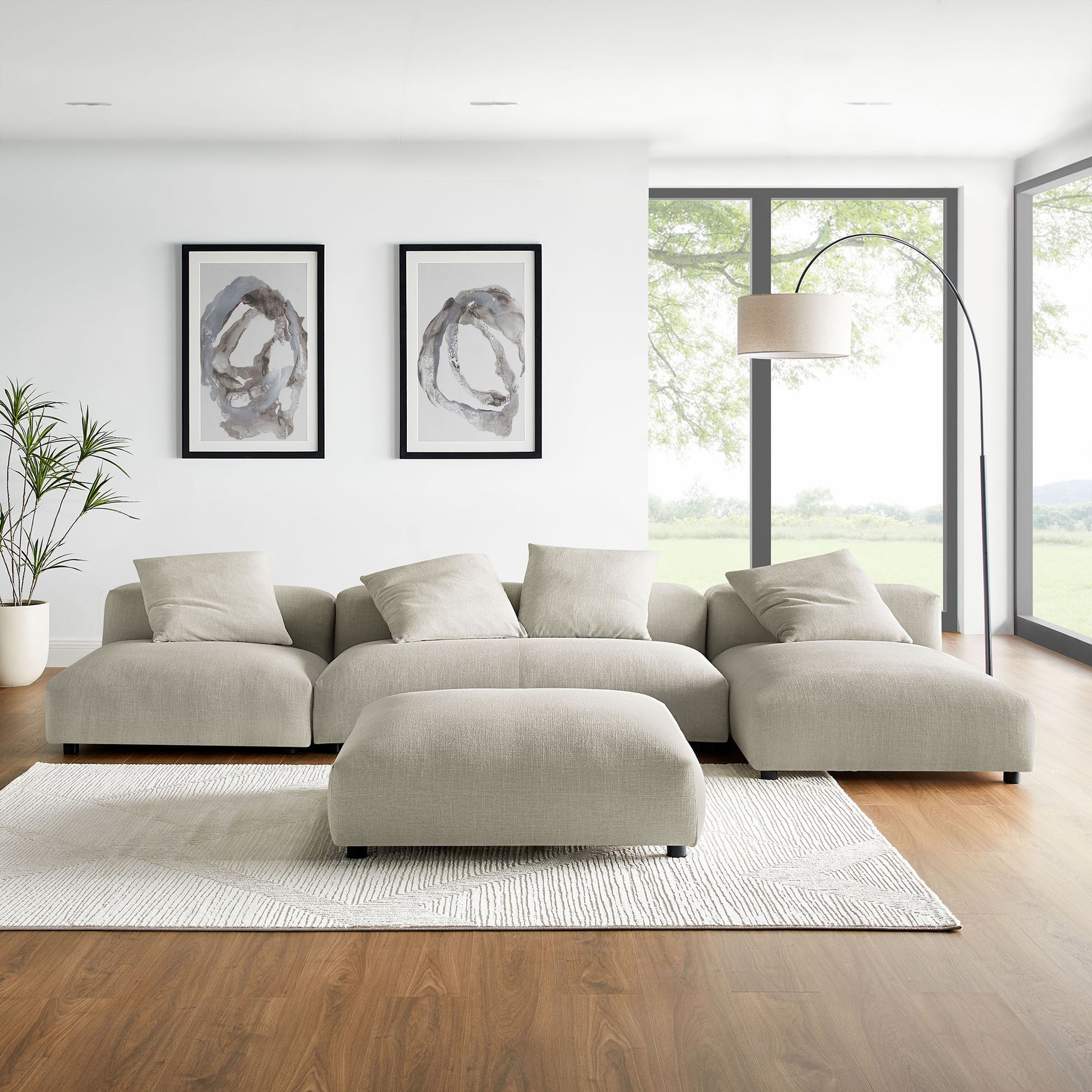 Solace 4-Piece Modular Upholstered Fabric Sectional sofá With Ottoman