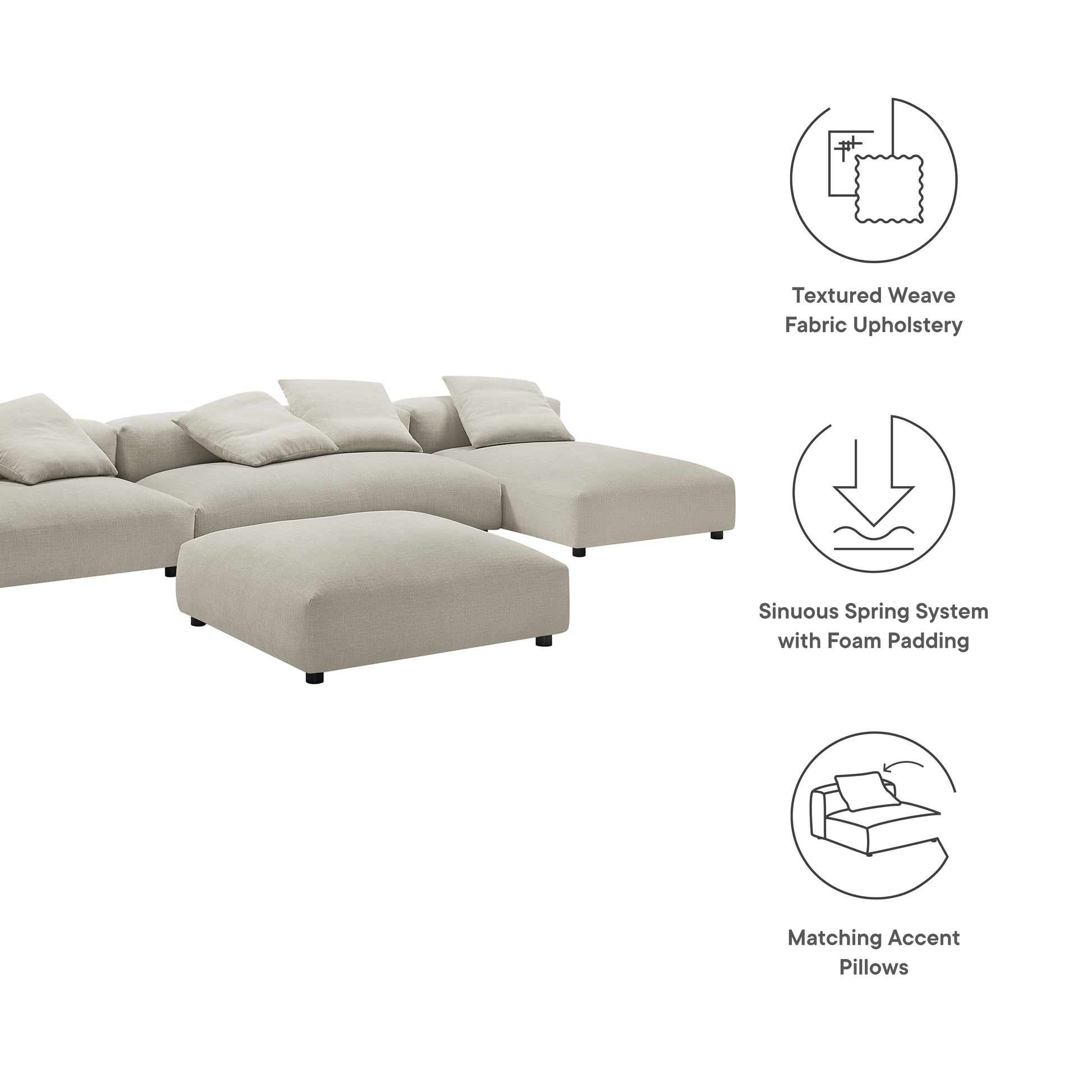 Solace 4-Piece Modular Upholstered Fabric Sectional sofá With Ottoman