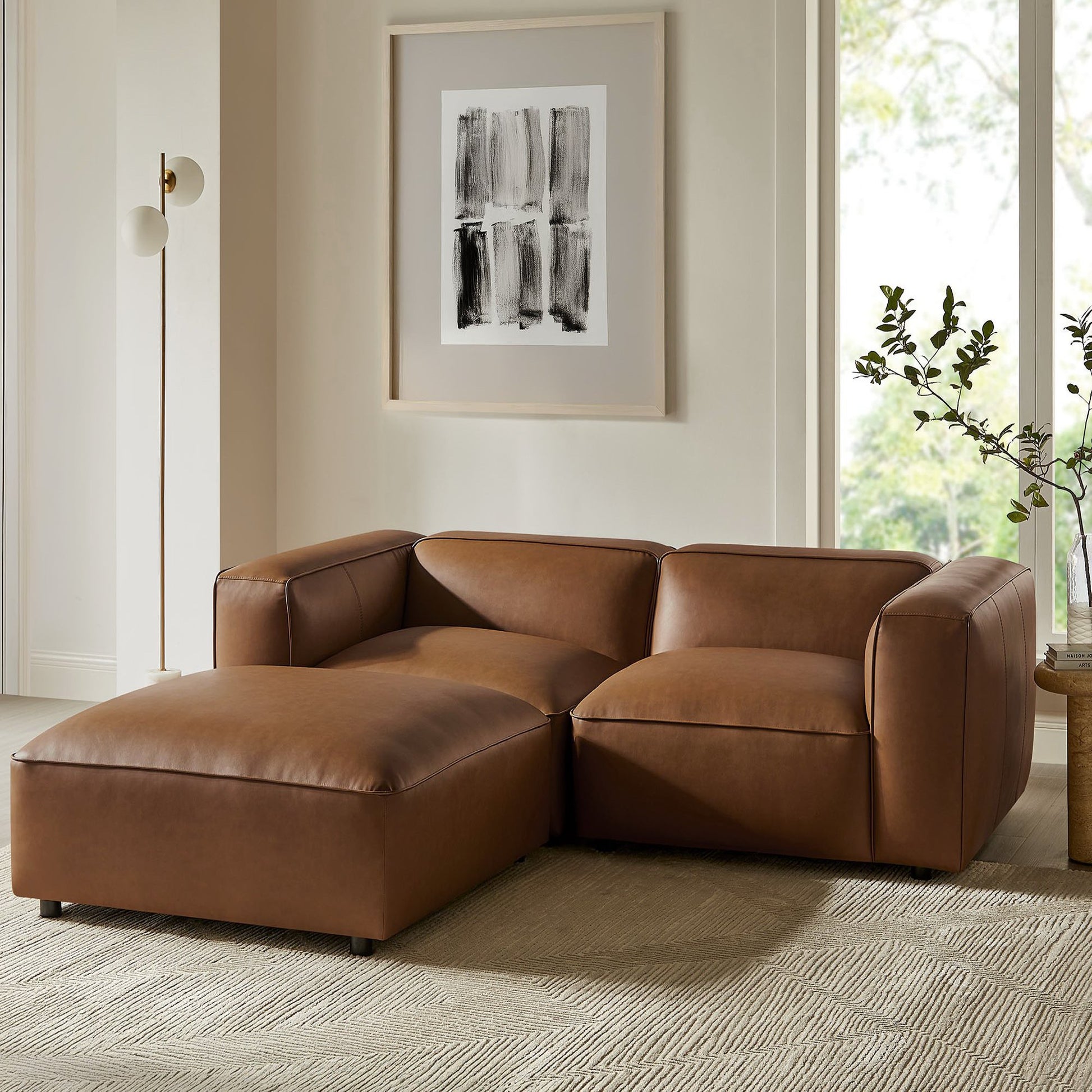 Auren 3-Piece Upholstered Vegan Leather Modular loveseat with Ottoman