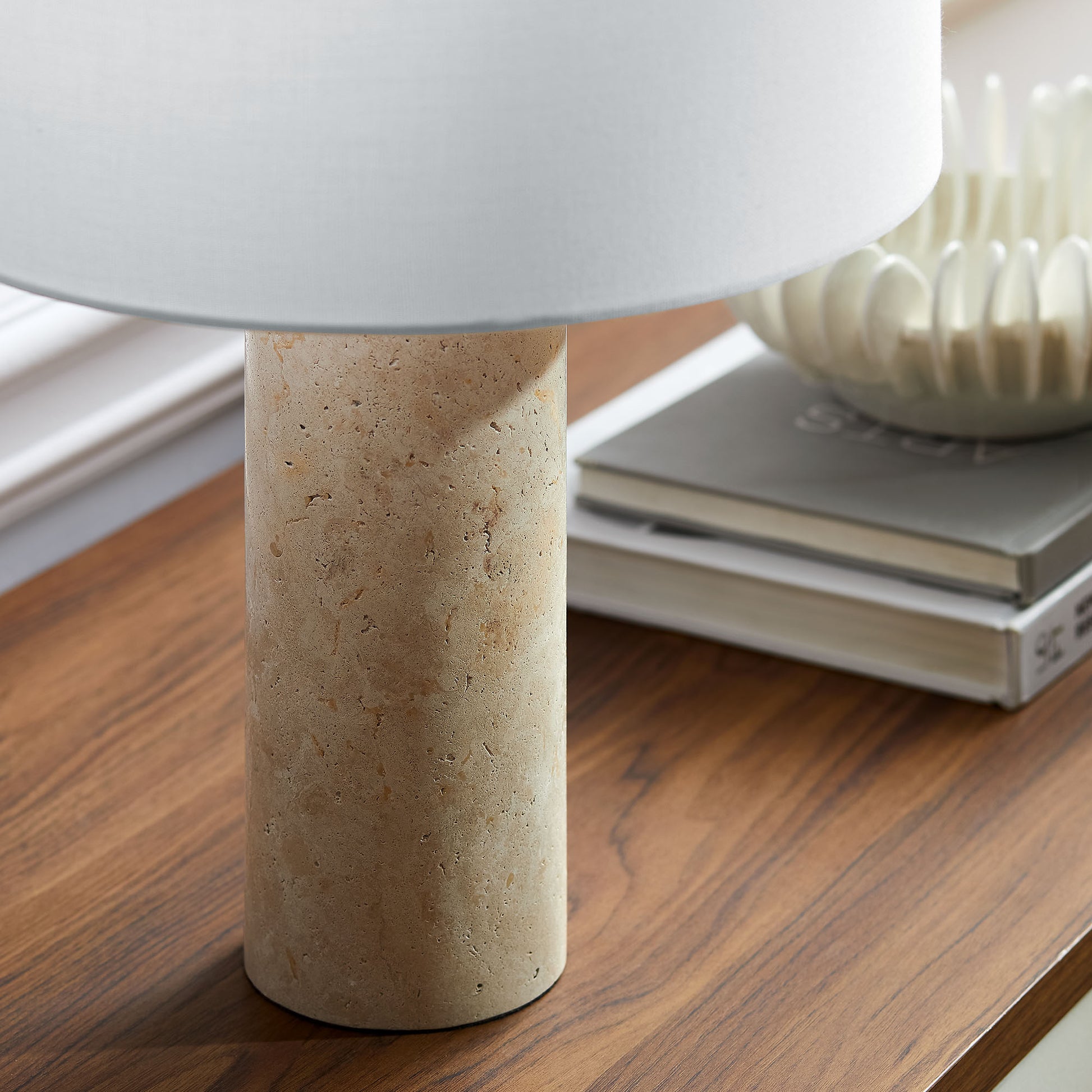 Zenith Travertine mesa Lamp With Fabric Drum Shade