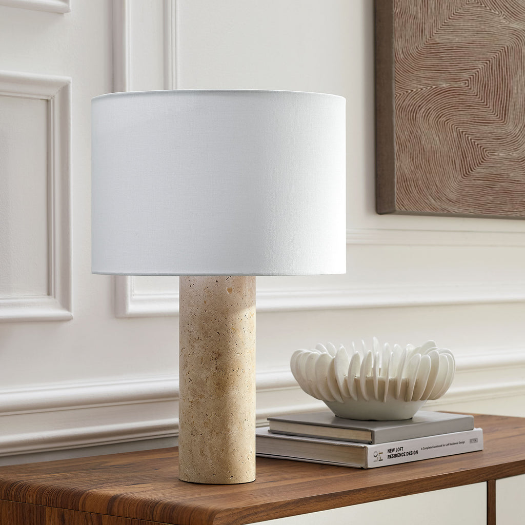 Zenith Travertine mesa Lamp With Fabric Drum Shade