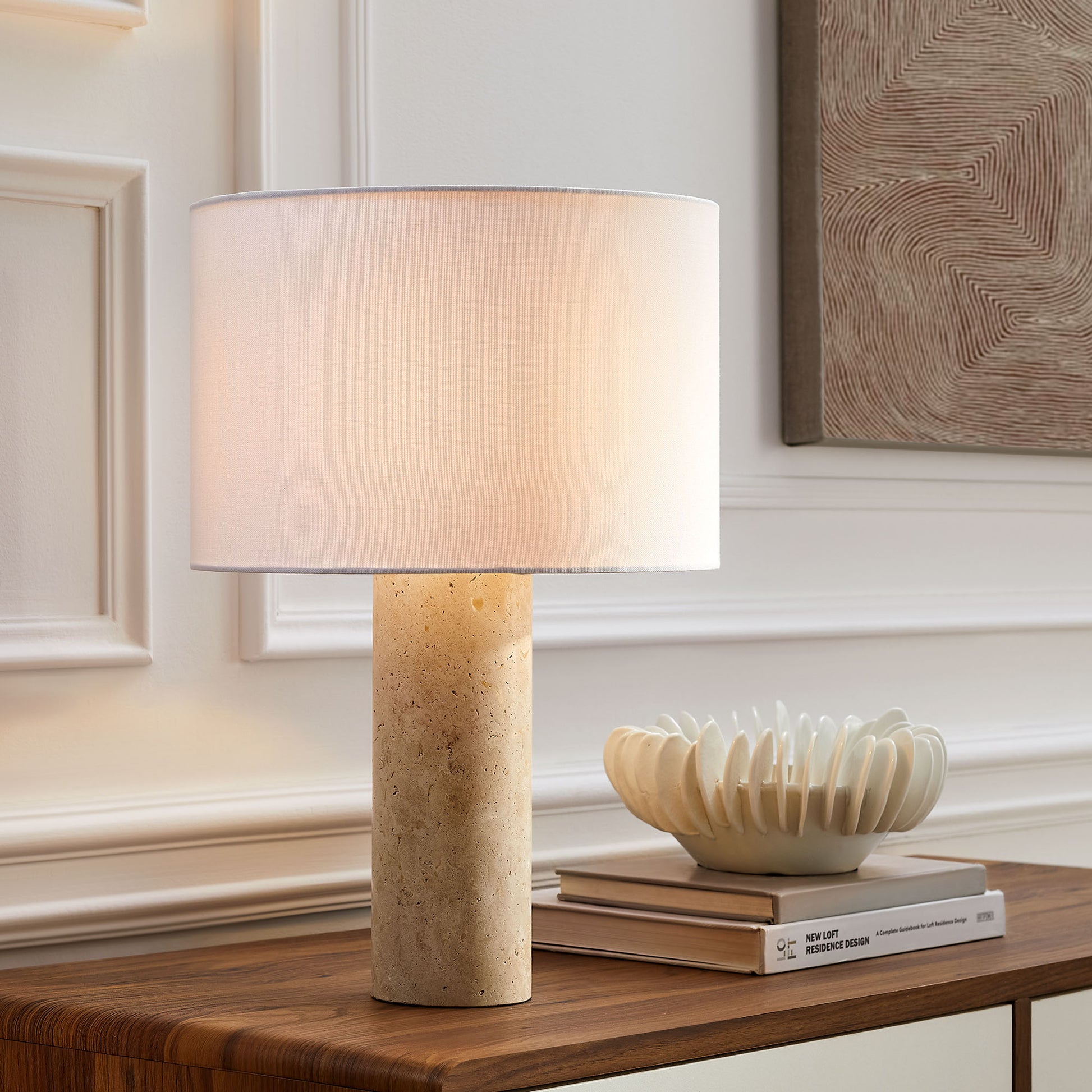 Zenith Travertine mesa Lamp With Fabric Drum Shade