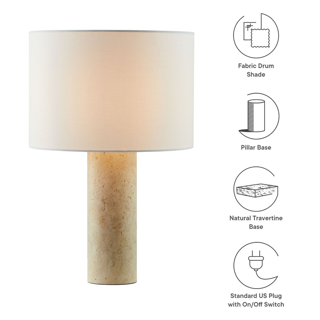 Zenith Travertine mesa Lamp With Fabric Drum Shade