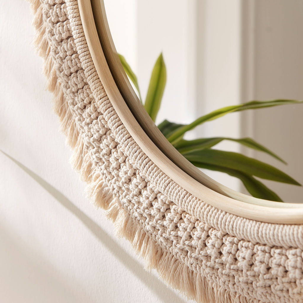 Jade Round Rattan Macrame Wall Mirror