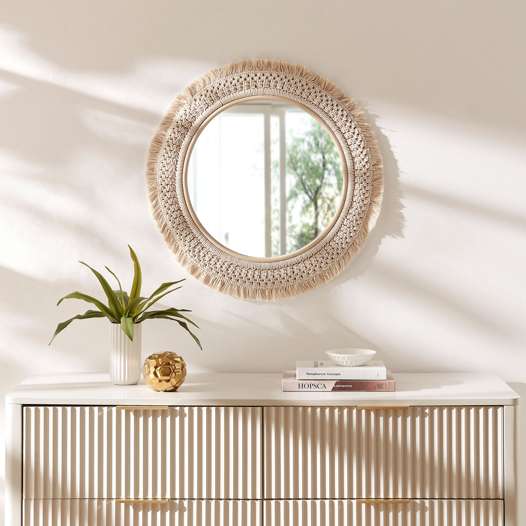 Jade Round Rattan Macrame Wall Mirror