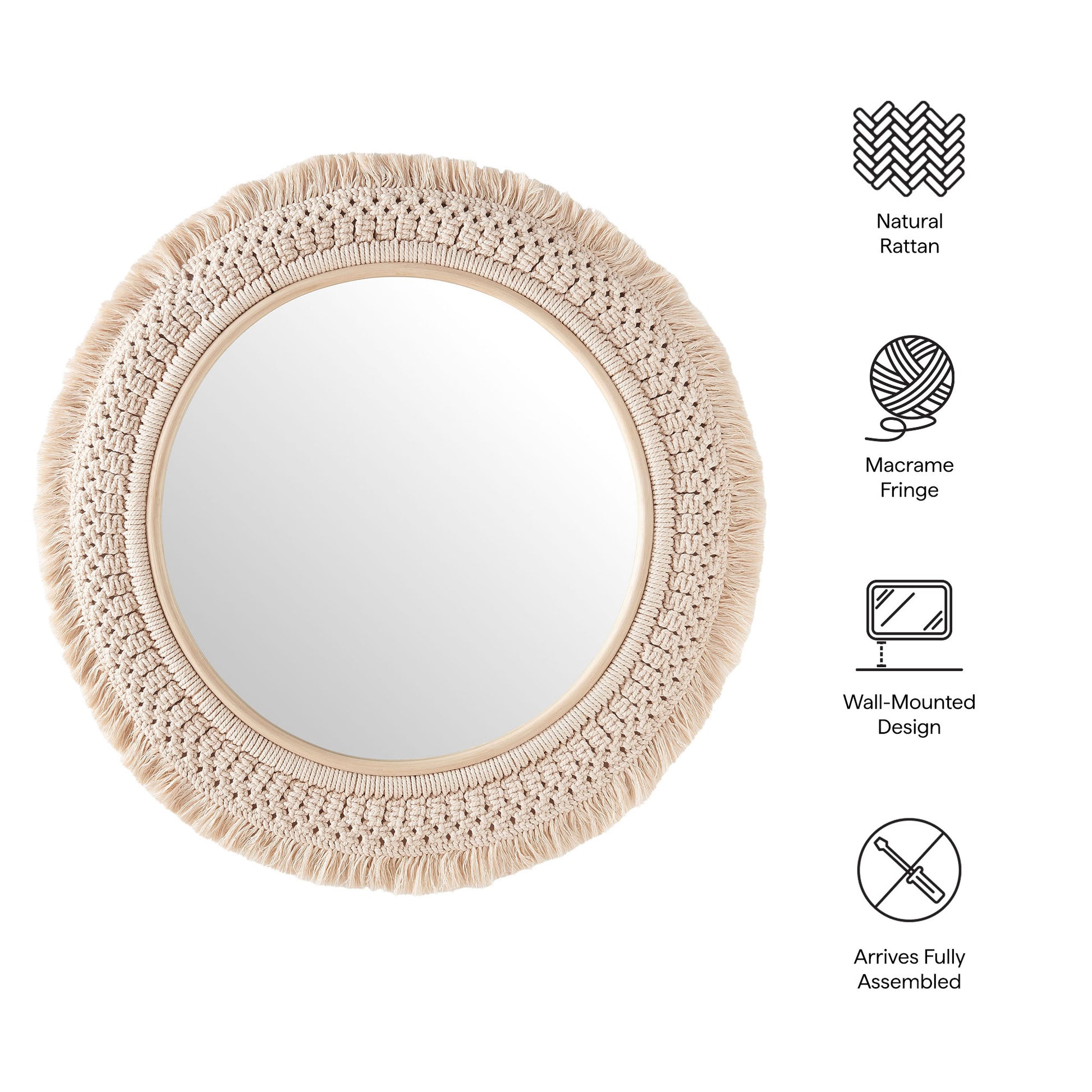 Jade Round Rattan Macrame Wall Mirror