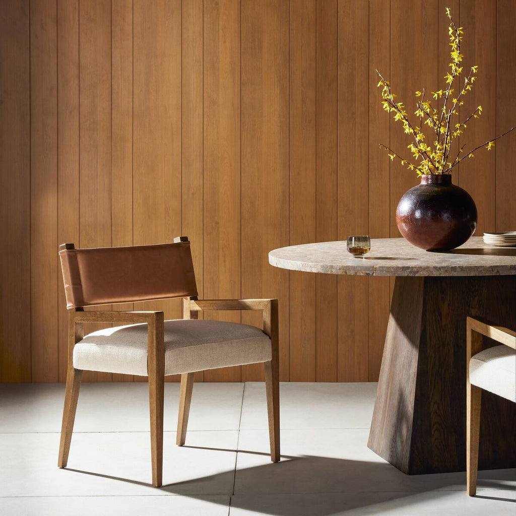 Ferris Cuero Top / Lino Crema Descansa-Brazos Silla de Comedor