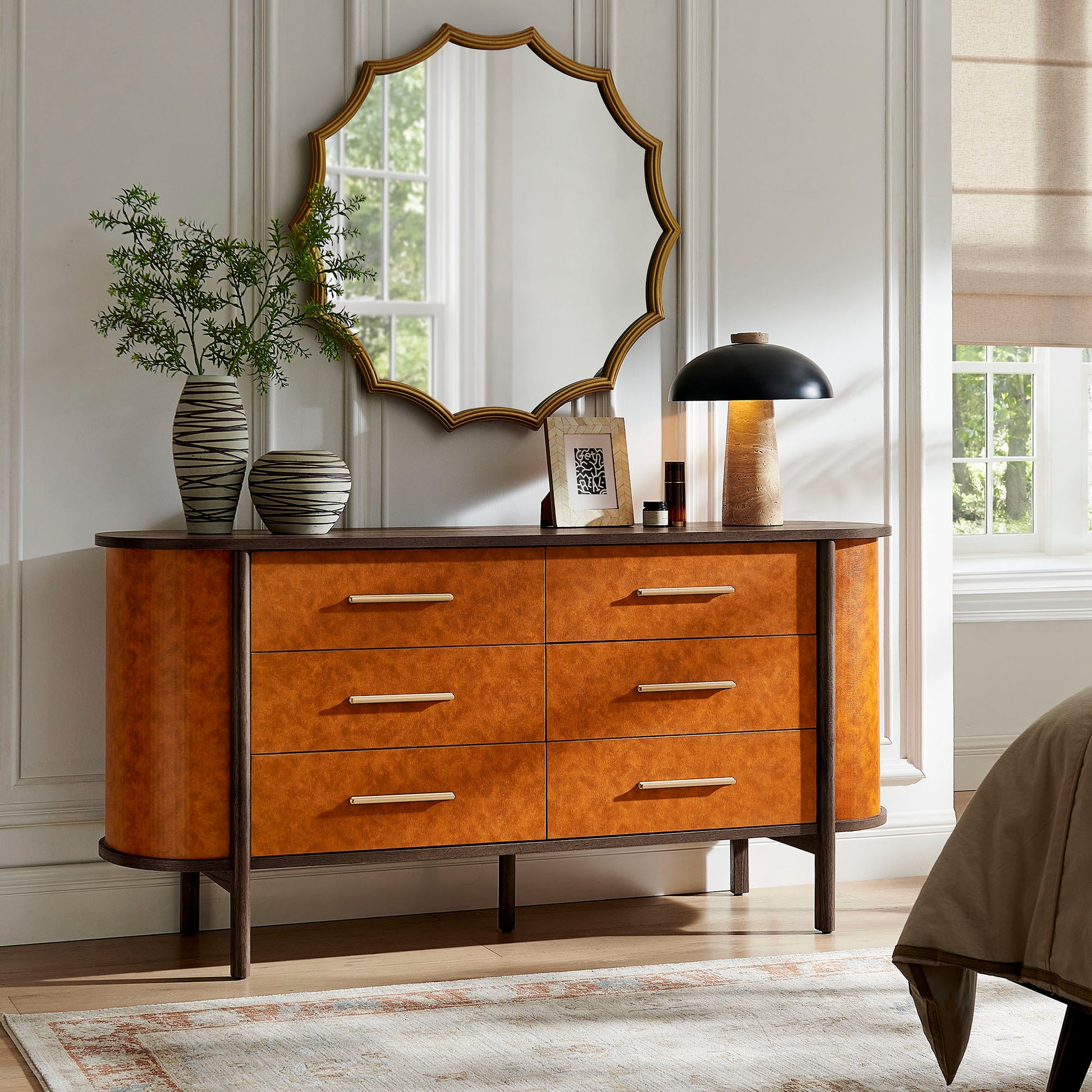 Coralie Curved 6-Drawer Vegan Leather Oval Dresser