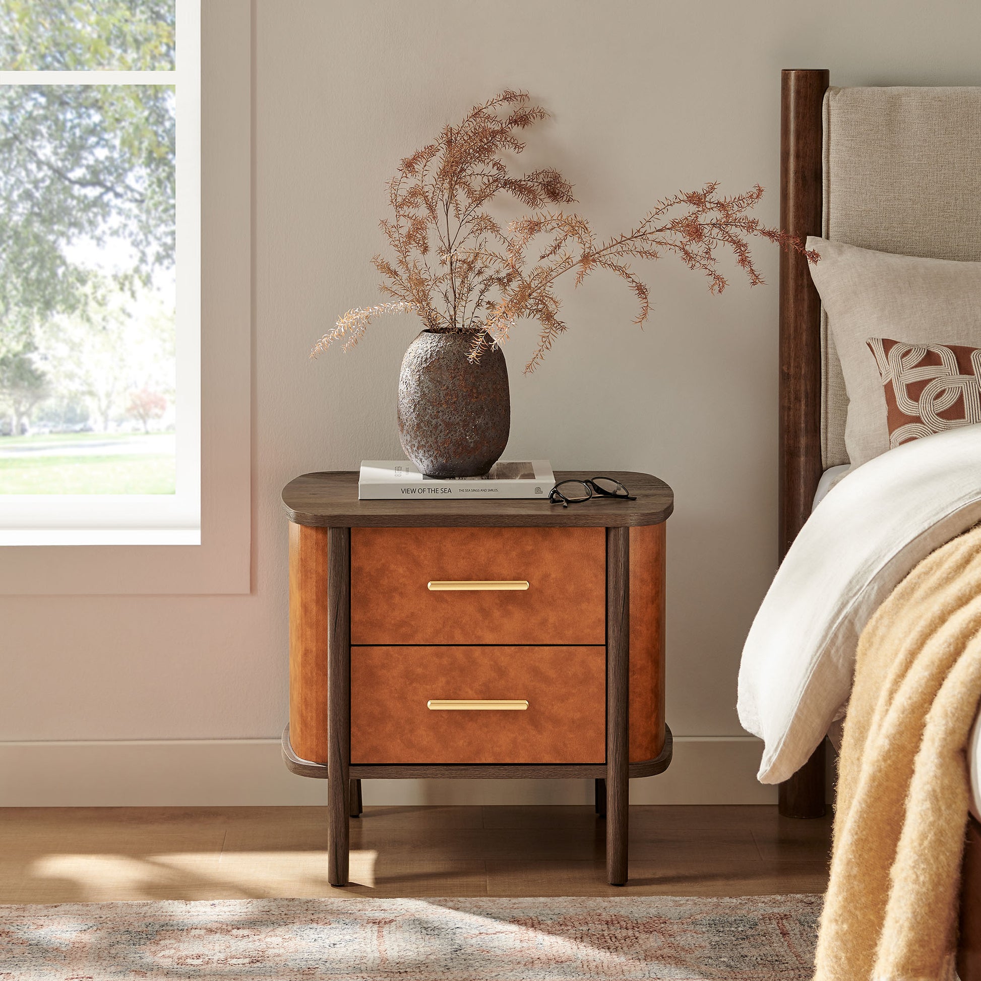 Coralie 2-Drawer Curved Vegan Leather Nightstand